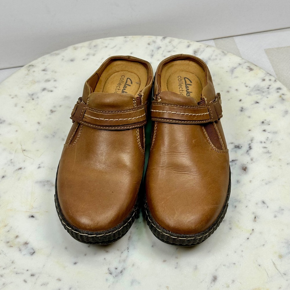 Clarks Collection Tan Brown Leather Mules Clogs Comfort Slip On Shoes Womens